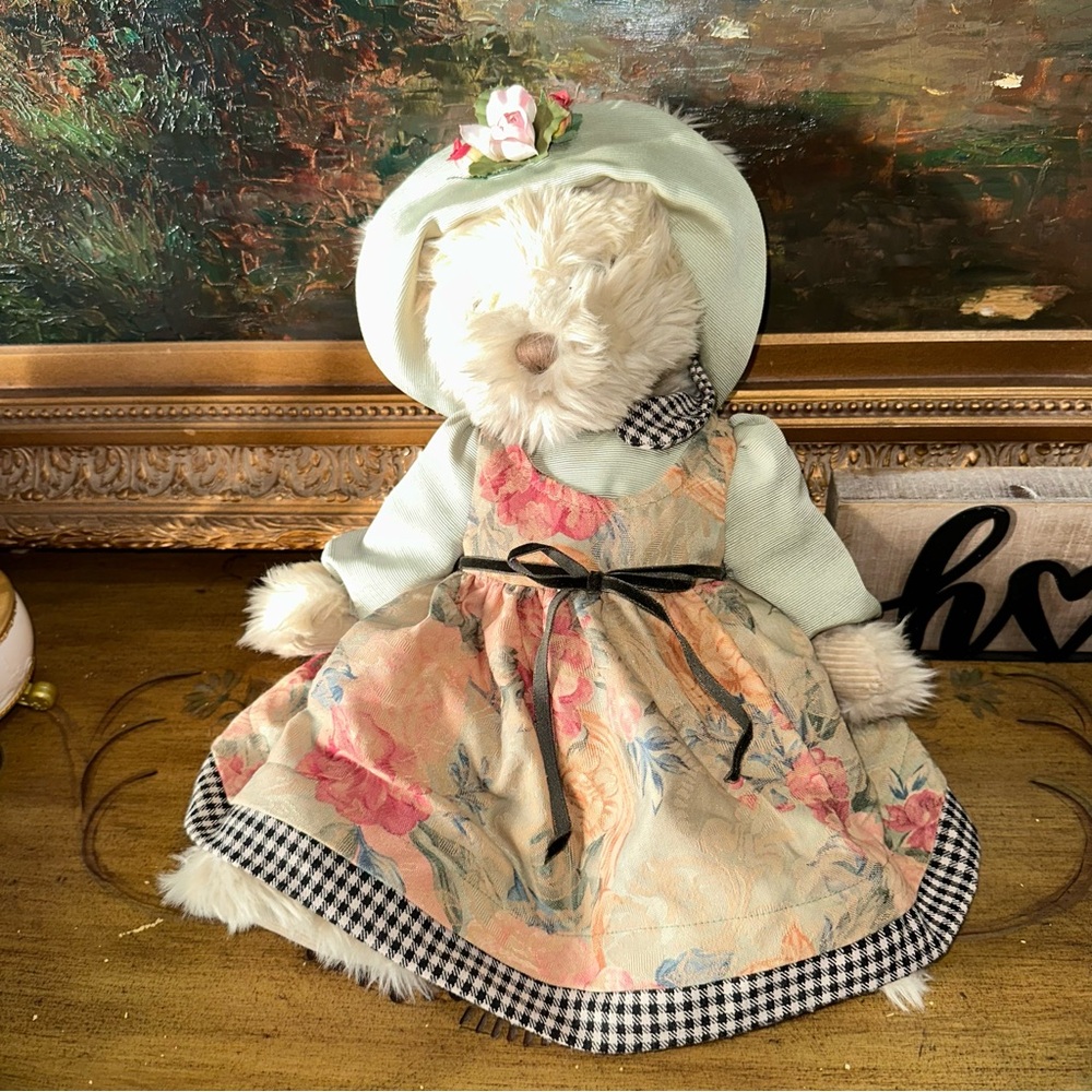 Russ Brand Miss Mayberry Teddy bear Dress Ribbon Hat Flowers RARE VINTAGE HTF